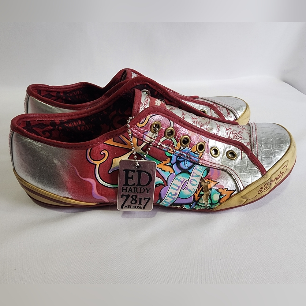 Vintage Ed Hardy low-top sneakers red silver rose tattoo artwork Hangtag Sz. 8